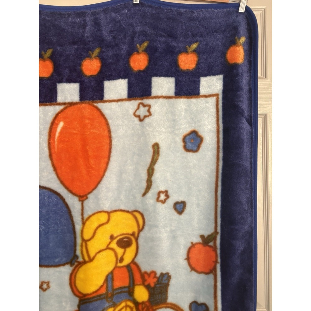 Vintage Baby Blanket‎ Mink Plush Deep Blue Teddy Bear Riding Bicycle 52"x40" - Picture 5 of 10